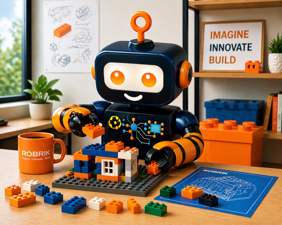 Robrik the robot building a brick model at a workbench